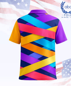 ภาพเสื้อโปโลพิมพ์ลายดีไซน์ริบบิ้นสีสันสดใส มีสีม่วง น้ำเงิน ส้ม แดง เหลือง และฟ้า แขนสั้น ปกเสื้อสีม่วงเข้ม ภาพที่ 2