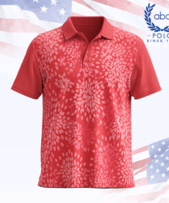 เสื้อโปโลพิมพ์ลายดอกไม้สีแดง แขนสั้น ปกปกติ ด้านหน้ามีลายดอกไม้สีแดงอ่อน