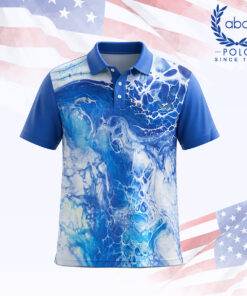 เสื้อโปโลพิมพ์ลายลายหินอ่อนสีน้ำเงิน แขนสั้น ปกเสื้อสีน้ำเงินเข้ม
