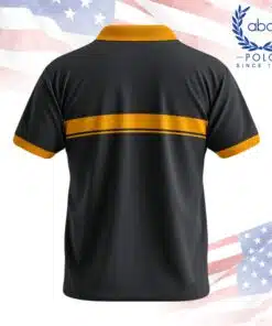 เสื้อโปโลพนักงานสีดำมีแถบสีเหลืองที่อกและปลายแขน พร้อมปกเสื้อสีเหลืองและกระดุมสีดำ ภาพที่ 2