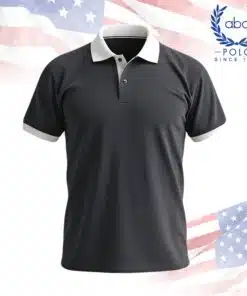 เสื้อโปโลพนักงานสีเทาเข้มแขนสั้น ปกและปลายแขนสีขาว ตัดเย็บเรียบร้อย