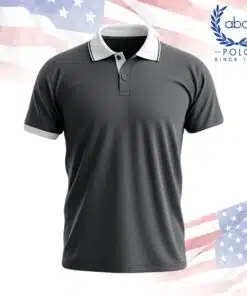 เสื้อโปโลพนักงานสีเทาเข้ม แขนสั้น คอปกสีขาว มีแถบสีดำที่ขอบปกและแขน