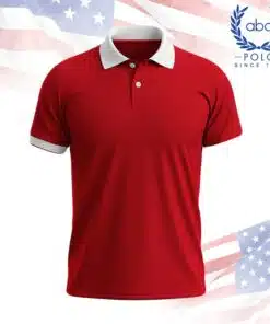 เสื้อโปโลพนักงานสีแดงสด ปกและปลายแขนสีขาว แขนสั้น ดีไซน์เรียบหรู