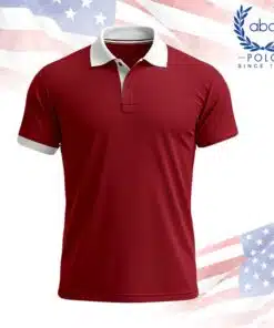 เสื้อโปโลพนักงานสีแดงเลือดนก ปกและปลายแขนสีขาว ดีไซน์แขนสั้น