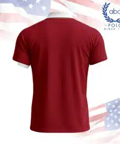 เสื้อโปโลพนักงานสีแดงเลือดนก ปกและปลายแขนสีขาว ดีไซน์แขนสั้น ภาพที่ 2