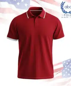 เสื้อโปโลพนักงานสีแดงสด ตัดขอบขาวที่ปกและปลายแขน แขนสั้น ดีไซน์เรียบง่าย