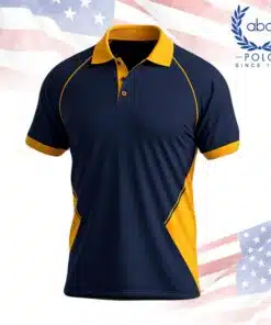 เสื้อโปโลพนักงานสีกรมท่าตัดแต่งสีเหลือง ดีไซน์สปอร์ต แขนสั้น ปกปกติ