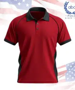เสื้อโปโลพนักงานสีแดงตัดดำ แขนสั้น ปกดำ ตัดต่อสีดำด้านข้างและปลายแขน