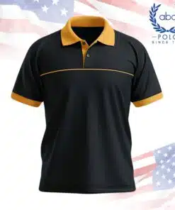 เสื้อโปโลพนักงานสีดำขลิบเหลืองที่คอและปลายแขน แขนสั้น ดีไซน์ทันสมัย