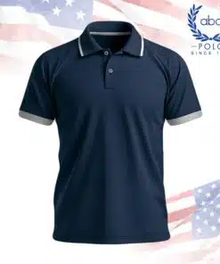 เสื้อโปโลพนักงานแขนสั้นสีกรมท่ามีขอบปกและปลายแขนสีเทา