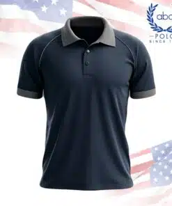เสื้อโปโลพนักงานแขนสั้น สีกรมท่าตัดปกและปลายแขนสีเทา ดีไซน์ทันสมัยเรียบง่าย