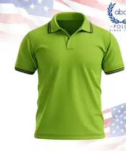 เสื้อโปโลพนักงานสีเขียวสดใส แขนสั้น คอปก มีแถบสีดำที่ปกและปลายแขน