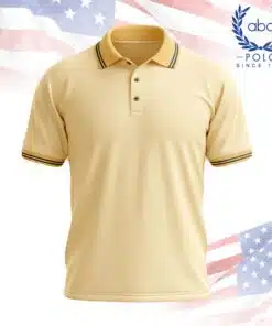 เสื้อโปโลพนักงานสีครีม ปกและแขนเสื้อแต่งแถบสีเข้ม แขนสั้น ดีไซน์เรียบง่าย