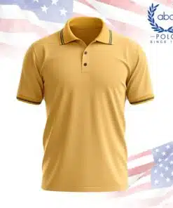 เสื้อโปโลพนักงานสีเหลืองทอง ปกและแขนเสื้อแต่งแถบสีเข้ม แขนสั้น ดีไซน์เรียบหรู