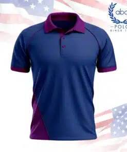 เสื้อโปโลพนักงานสีกรมท่าตัดม่วง แขนสั้น ปกและขอบแขนสีม่วง มีดีไซน์ตัดต่อด้านข้าง