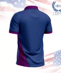 เสื้อโปโลพนักงานสีกรมท่าตัดม่วง แขนสั้น ปกและขอบแขนสีม่วง มีดีไซน์ตัดต่อด้านข้าง ภาพที่ 2