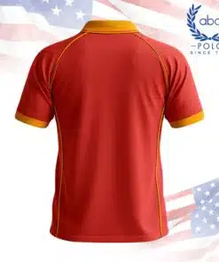 เสื้อโปโลพนักงานสีแดงตัดขอบเหลืองที่คอและแขน ดีไซน์แขนสั้นและปกเสื้อแบบกระดุมสองเม็ด ภาพที่ 2