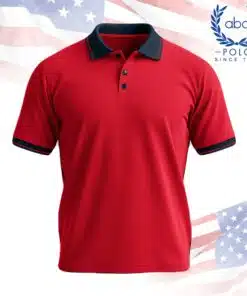 เสื้อโปโลพนักงานสีแดงสด ปกและแขนเสื้อขอบสีกรมท่า มีปุ่มกระดุมสามเม็ด ดีไซน์เรียบง่าย