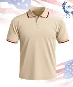 เสื้อโปโลพนักงานสีครีมขอบแดง แขนสั้น ปกมีขอบแดง เสื้อเรียบเนียนสวมใส่สบาย