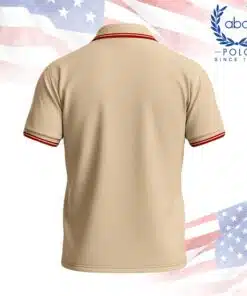 เสื้อโปโลพนักงานสีครีมขอบแดง ปกและแขนเสื้อมีแถบแดง พร้อมกระดุมสีแดง ภาพที่ 2