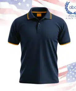 เสื้อโปโลพนักงานสีกรมท่าคอปกแขนสั้นแต่งแถบสีเหลืองที่คอและปลายแขน