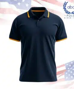เสื้อโปโลพนักงานสีกรมท่าตัดขอบเหลืองที่ปกและแขน แขนสั้น ปุ่มกระดุมสองเม็ด