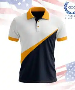 เสื้อโปโลพนักงานสีขาวตัดต่อกรมท่าพร้อมแถบเหลืองที่ปกและแขนเสื้อ ดีไซน์ทันสมัย