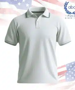 เสื้อโปโลพนักงานแขนสั้นสีขาวมีขลิบสีเขียวที่ปกและปลายแขน