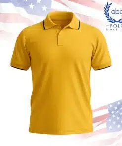 เสื้อโปโลพนักงานสีเหลือง ตัดขอบคอและแขนด้วยสีน้ำเงิน แขนสั้น ปกปุ่มสองเม็ด