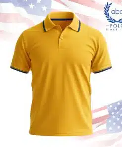เสื้อโปโลพนักงานสีเหลือง ตัดขอบปกและแขนสีน้ำเงิน แขนสั้น ปุ่มกระดุมสองเม็ด