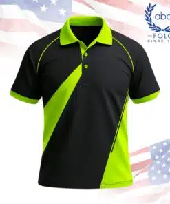 เสื้อโปโลพนักงานสีดำมีลายเฉียงและปกแขนเสื้อสีเขียวสดใส ดีไซน์ทันสมัย