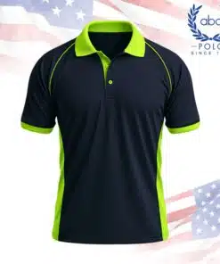 เสื้อโปโลพนักงานสีกรมท่าตัดแถบสีเขียวสดใสที่ปก แขน และข้างลำตัว