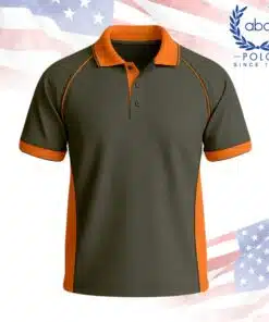 เสื้อโปโลพนักงานสีเขียวตองอ่อนตัดส้ม แขนสั้น ปกคอปก มีแถบสีส้มที่แขนและข้างลำตัว