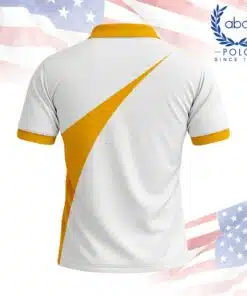 เสื้อโปโลพนักงานสีขาวมีลายเหลืองที่คอ แขน และลายเฉียงด้านข้าง ภาพที่ 2