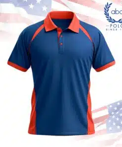 เสื้อโปโลพนักงานสีพื้นน้ำเงินมีแถบสีส้มที่ปก แขน และด้านข้างเสื้อ
