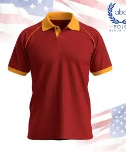เสื้อโปโลพนักงานสีแดงตัดปกเหลือง แขนสั้น ดีไซน์ทันสมัย
