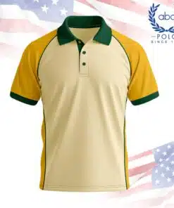 เสื้อโปโลพนักงานแขนสั้นสีครีมตัดแขนเหลือง ปกและขอบแขนสีเขียวเข้ม ดีไซน์ทันสมัยสำหรับใช้เป็นเสื้อยูนิฟอร์ม