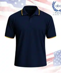 เสื้อโปโลพนักงานสีพื้นน้ำเงินเข้ม คอปกแขนสั้น ตกแต่งแถบสีเหลืองที่คอปกและปลายแขน
