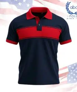เสื้อโปโลพนักงานสีกรมท่าตัดแถบสีแดงบริเวณอกและแขนเสื้อ