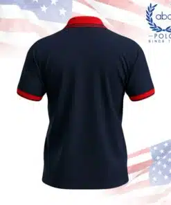 เสื้อโปโลพนักงานสีกรมท่าตัดแต่งขอบแดง ปกและแขนเสื้อสีแดง ดีไซน์คอปกมีกระดุม 2 เม็ด ภาพที่ 2
